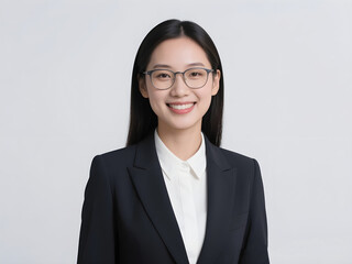 Happy smiling confident young professional female corporate leader, female corporate leader, Asian female lawyer, her manager wearing suit and glasses standing isolated above white background