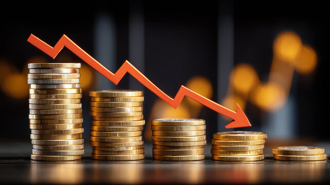 Financial Downturn Represented by Declining Coin Stacks and Dramatic Red Arrow
