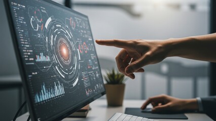 close-up image of a human hand interacting with a computer screen displaying futuristic digital features
