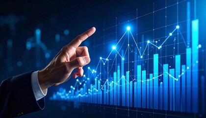 Businessman hand pointing finger to growth success finance business chart of metaverse technology financial graph investment diagram on analysis stock market background with digital economy exchange.