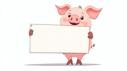 A smiling pig holding a blank rectangular sign and smiling