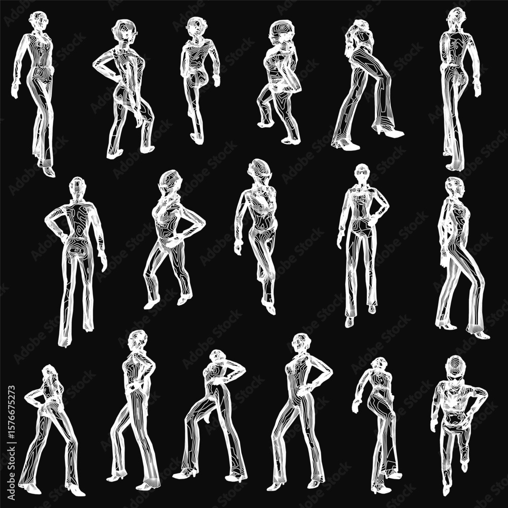 Poster white silhouettes of a girl in various dynamic poses stand out against a black background. the sketc