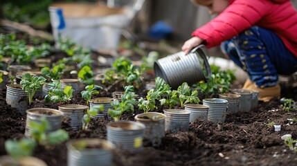 Young child watering seedlings in recycled tin can planters.