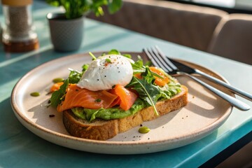 Avocado toast with smoked salmon, poached egg, and arugula on plate