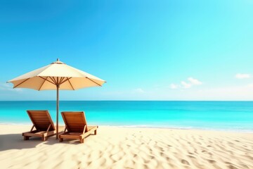 Close-up of colorful sun umbrella and sun loungers on sea, ocean background. Vacation, travel, tourism, background, screensaver