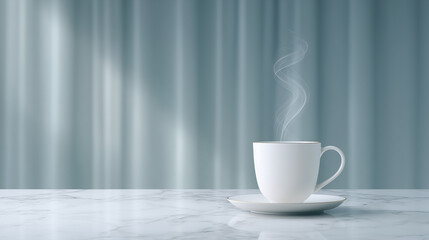 White ceramic cup with rising steam placed on marble surface against soft curtain background representing calm coffee break.