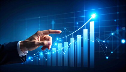 Businessman hand pointing finger to growth success finance business chart of metaverse technology financial graph investment diagram on analysis stock market background with digital economy exchange.