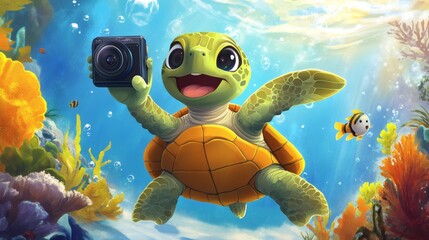 Smiling cartoon turtle taking a picture underwater with camera