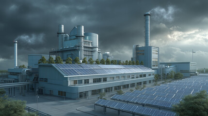 Obraz premium Renewable energy production facility urban area industrial architecture cloudy environment wide-angle view sustainability concept