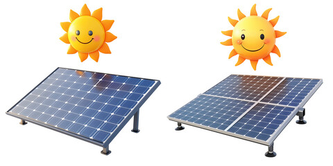 3D Set Shiny Solar Panel with Smiling Sun Cartoon for Clean Energy Concept