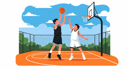 Adobe illustrator artwork vector illustration of two boys playing basketball on an outdoor court, one dribbling and the other defending, under a bright sky. Perfect for sports, youth, and active lifes © Amie