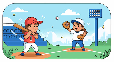 Adobe illustrator artwork vector illustration of two girls playing baseball, one batting and the other catching, on a sunny field. Ideal for youth sports, active lifestyles, and teamwork themes.
