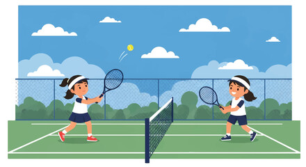 Adobe illustrator artwork vector illustration of two kids playing tennis, a boy hitting the ball and a girl ready to return. Ideal for sports, children's activities, and healthy lifestyle themes.