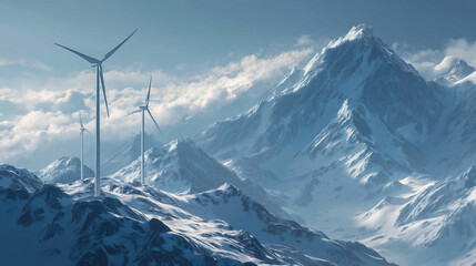 Wind turbines generating renewable energy in majestic snow-capped mountains nature landscape clear sky view
