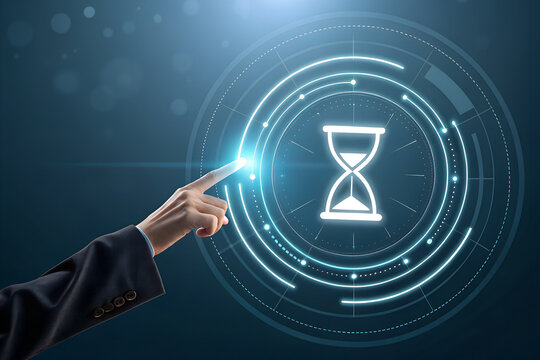 Hand Pointing to Hourglass Icon – Digital Time Management and Efficiency Interface - Powered by Adobe