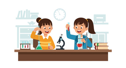 Adobe illustrator artwork vector illustration of two happy girls conducting exciting science experiments with test tubes, flasks, and a microscope on a lab table. Perfect for education and discovery