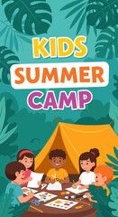Adobe illustrator artwork vector illustration of kids at a summer camp, engaging in creative painting and crafts inside a tent, perfect for artistic children's activities.