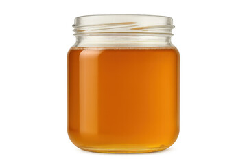 Glass jar containing rich golden honey, isolated on a transparent background, showcasing its natural color and texture