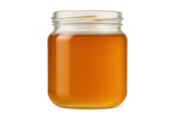 Glass jar containing rich golden honey, isolated on a transparent background, showcasing its natural color and texture