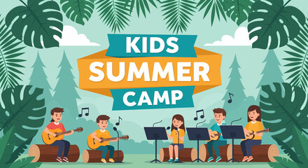 Adobe illustrator artwork vector illustration of a joyful kids summer camp scene with children playing guitars and singing, perfect for music and outdoor activity themes.