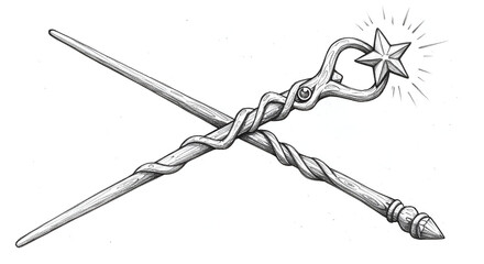 Crossed Magic Wands with Star Hand-Drawn Style