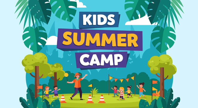 Adobe illustrator artwork vector illustration of kids participating in outbound activities at a summer camp, guided by an instructor, perfect for themes of team building and outdoor fun.