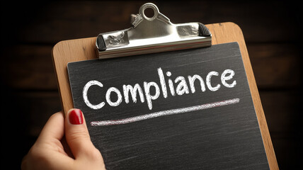 A chalkboard clipboard reading Compliance, underscoring corporate adherence to regulatory standards and governance frameworks.

