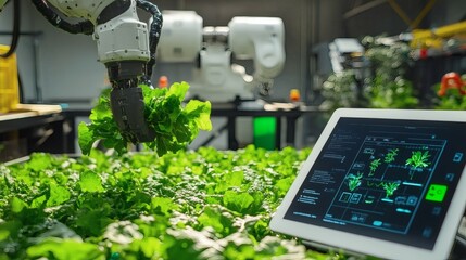 A robotic arm harvesting crops in a modern greenhouse setting