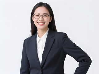 Happy smiling confident young professional female corporate leader, female corporate leader, Asian female lawyer, her manager wearing suit and glasses standing isolated above white background