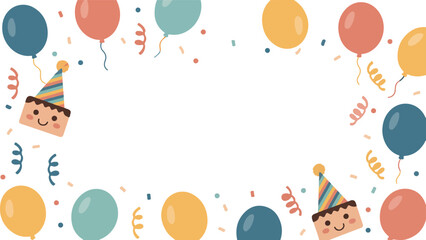 A festive frame with balloons party hats and confetti against a black background border illustration