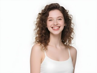 Happy, confident young woman with curly hair smiling at the camera. Isolated against a white background, perfect for advertising, promotions, and commercial use. Bright and cheerful vertical portrait
