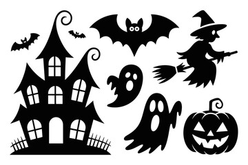 Halloween Silhouette Clipart with Ghosts, Haunted House, Bat, Witch