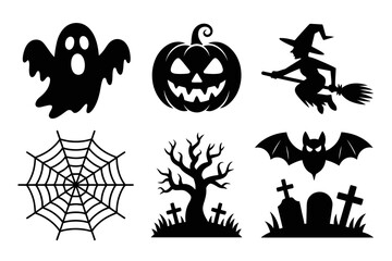 Obraz premium Halloween Silhouette Clipart with Ghosts, Haunted House, Bat, Witch