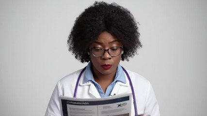 African American Woman Doctor Reading Medical Report with Stethoscope in White Coat Against Gray Background