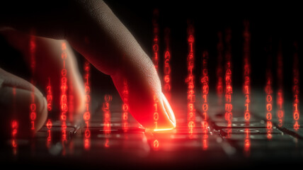 A fingertip activating a glowing key amid red binary rain, representing hacking attempts and data intrusion.
