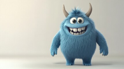 Fototapeta premium A Friendly And Smiling Blue Furry Monster With Horns