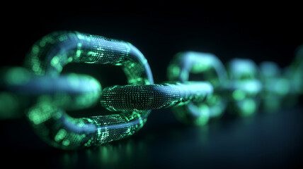 A glowing green digital chain link extending into darkness, representing secure blockchain connectivity and data integrity.
