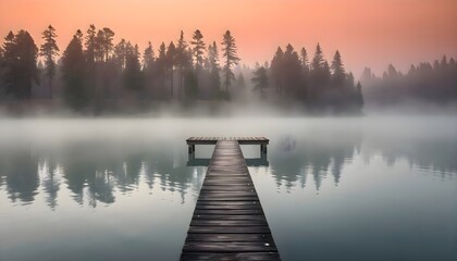Long wooden dock extending into a calm lake with forest trees in the background under a clear sky, capturing a peaceful and scenic natural lakeside environment