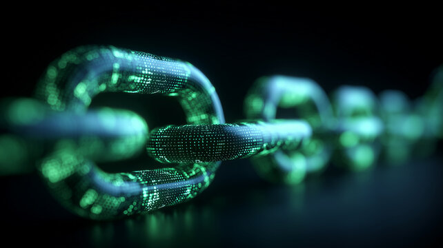 A glowing green digital chain link extending into darkness, representing secure blockchain connectivity and data integrity.
