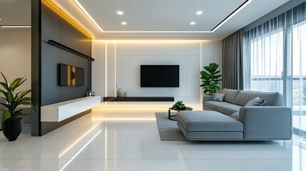 Fototapeta premium Modern living room with bright LED lighting and sleek, minimal design