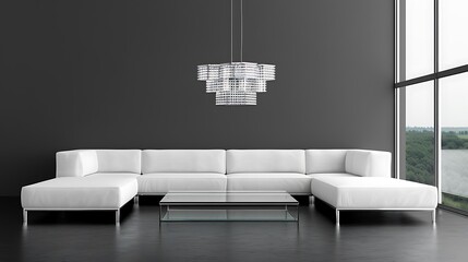 Contemporary monochrome living room with large sectional sofa and chandelier
