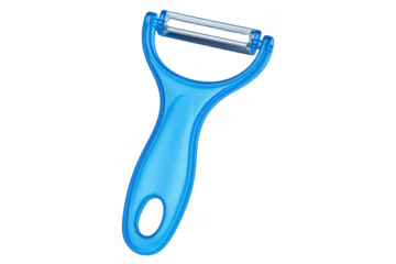 Blue plastic kitchen peeler resting on transparent surface, highlighting sleek design for effortless vegetable preparation