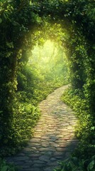 Obraz premium Walking Stone Path Through Green Foliage Tunnel with Sunlight