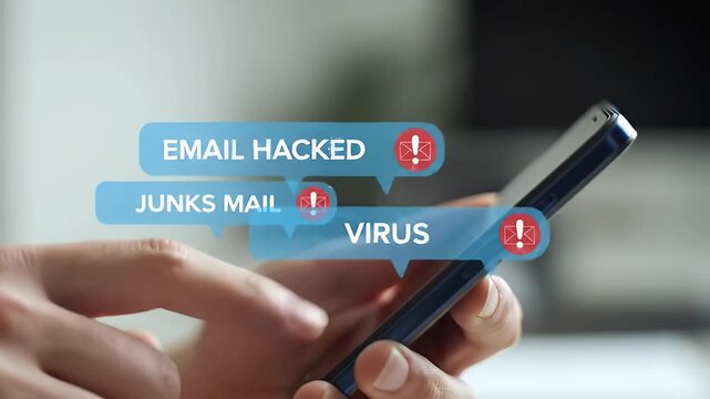 Close Up of Person Holding Phone Receiving Hacked Email Messages and Virus Alert with Red Notification Icons on Clear Overlays on White Background