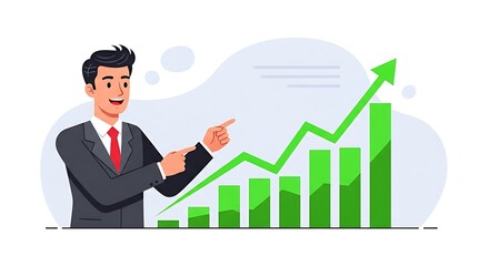 Flat cartoon businessman pointing at a growth chart, success and business strategy concept.