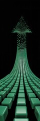 Obraz premium Green cubes forming an arrow pointing upwards on a black background in a three dimensional perspective