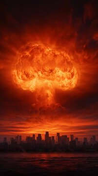 Nuclear explosion and mushroom cloud over a city
