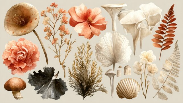 Watercolor Botanical Illustration of Flowers and Mushrooms
