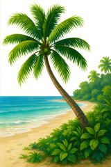 A tranquil tropical island paradise where palm trees sway over the sandy beach and the clear turquoise sea