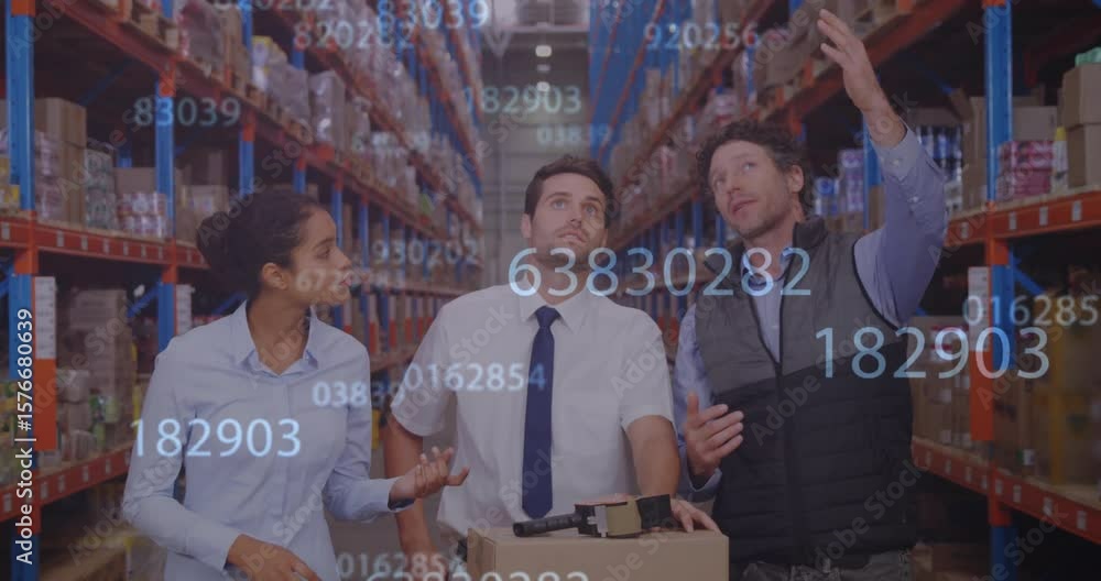 Poster Warehouse staff following manager gesture and analyzing live inventory with 3D metrics overlays